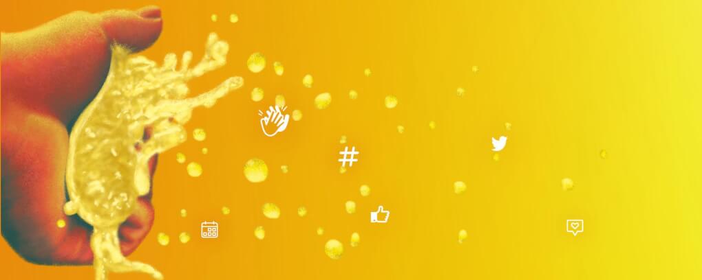 An illustration of a hand squeezing a lemon and juice drops flying with icons relating to social media 